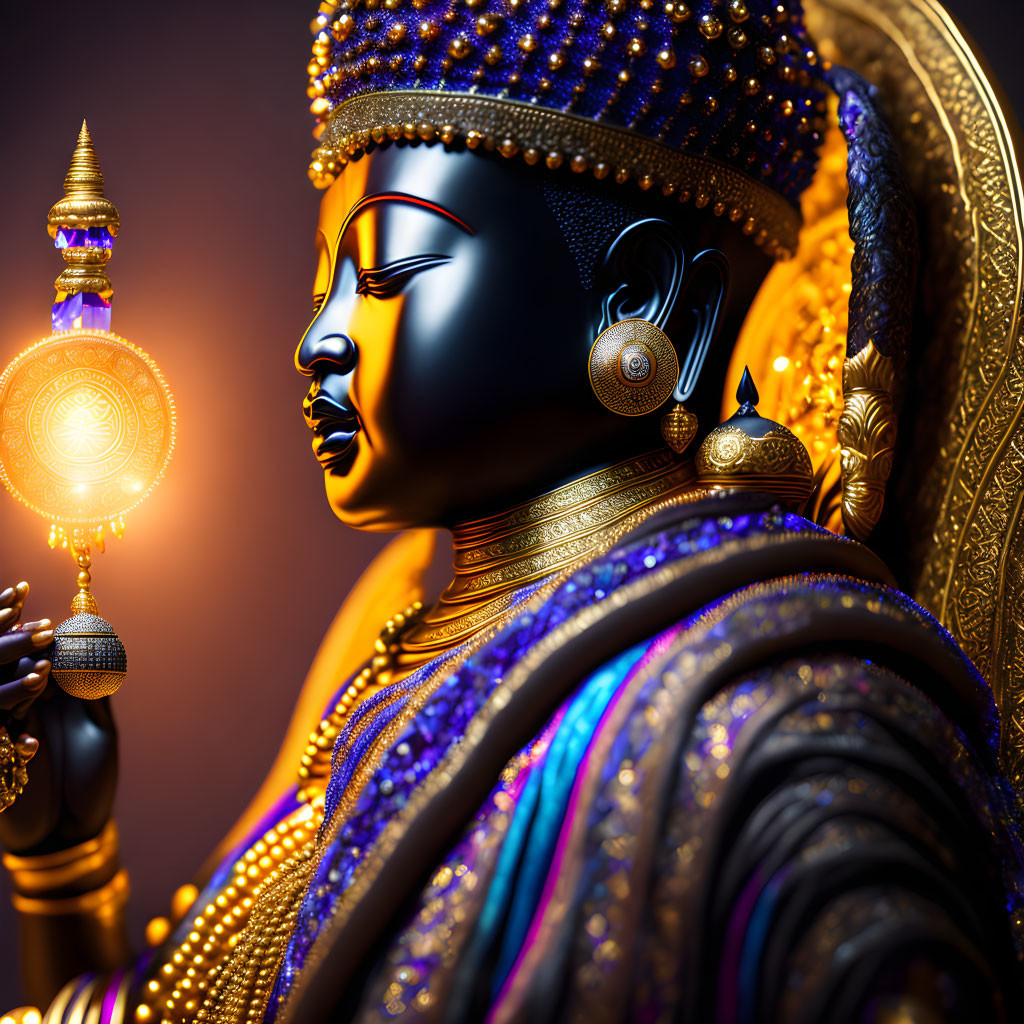 Detailed portrayal of deity with blue face, adorned in gold jewelry, holding glowing object