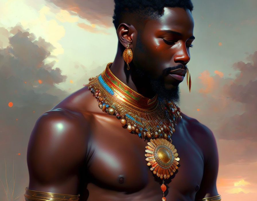 Muscular man with beard in gold jewelry against warm sky