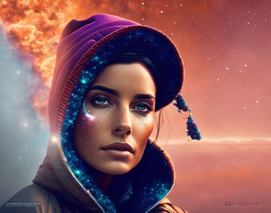 Surreal digital artwork of woman in galaxy hoodie with striking eyes