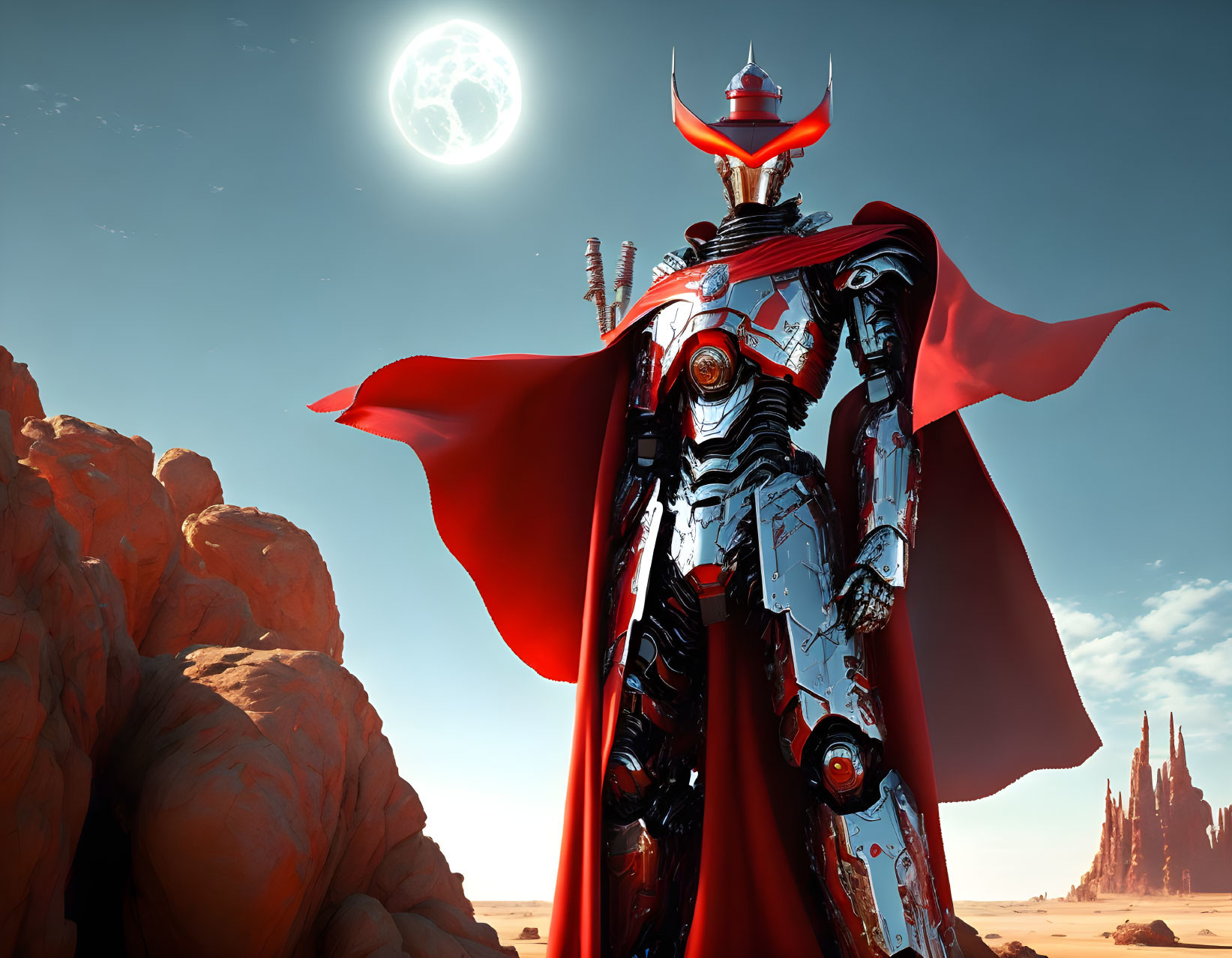 Robotic figure in red cape in desert landscape with moon and rocky formations