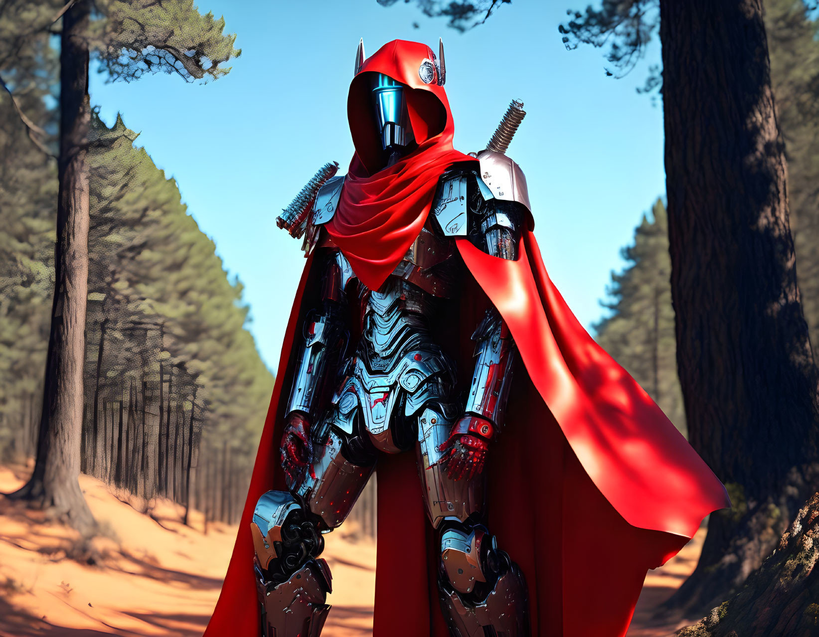 Futuristic red and silver armored knight in pine forest landscape.