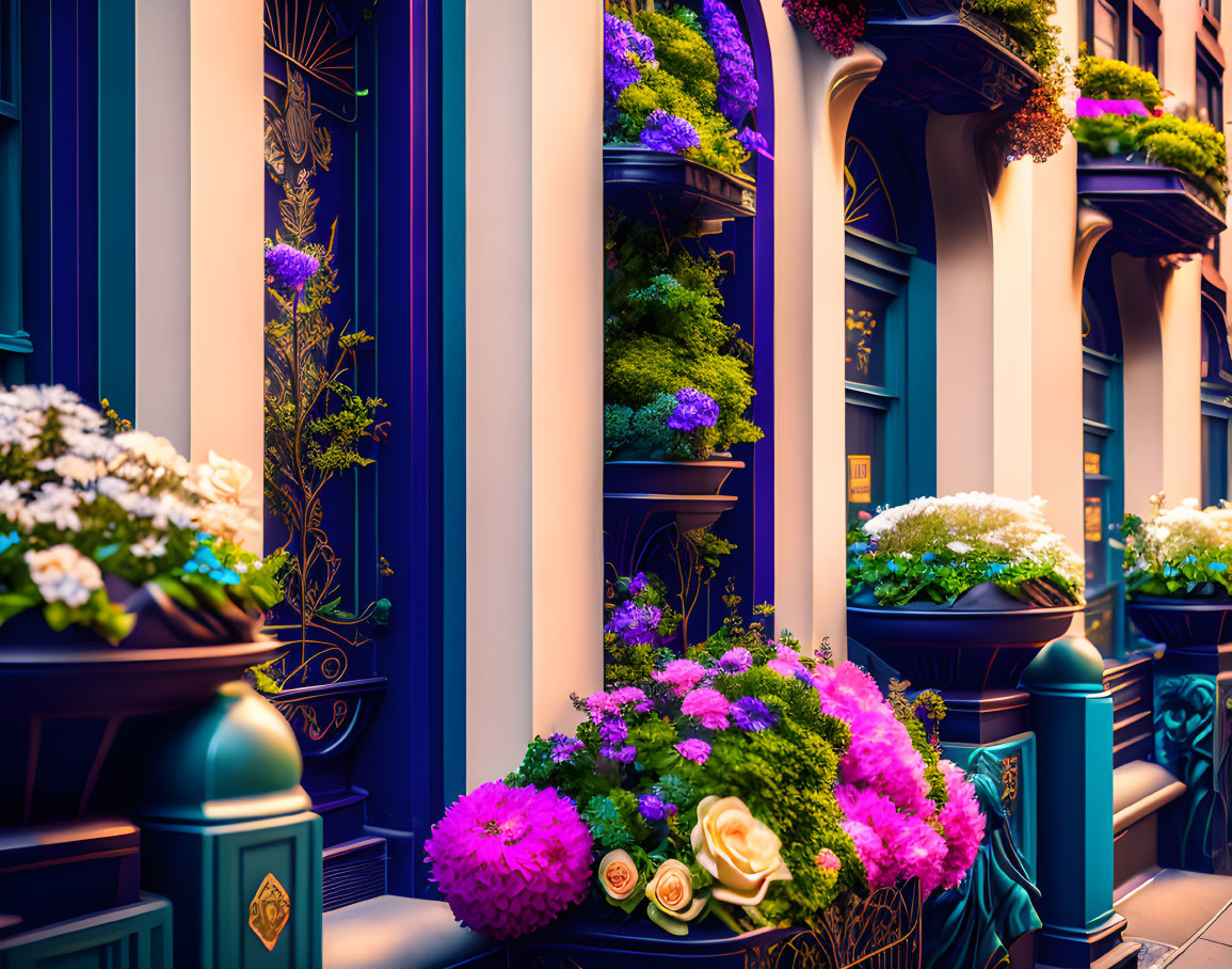Colorful building facade with blue and purple hues and vibrant floral decorations.