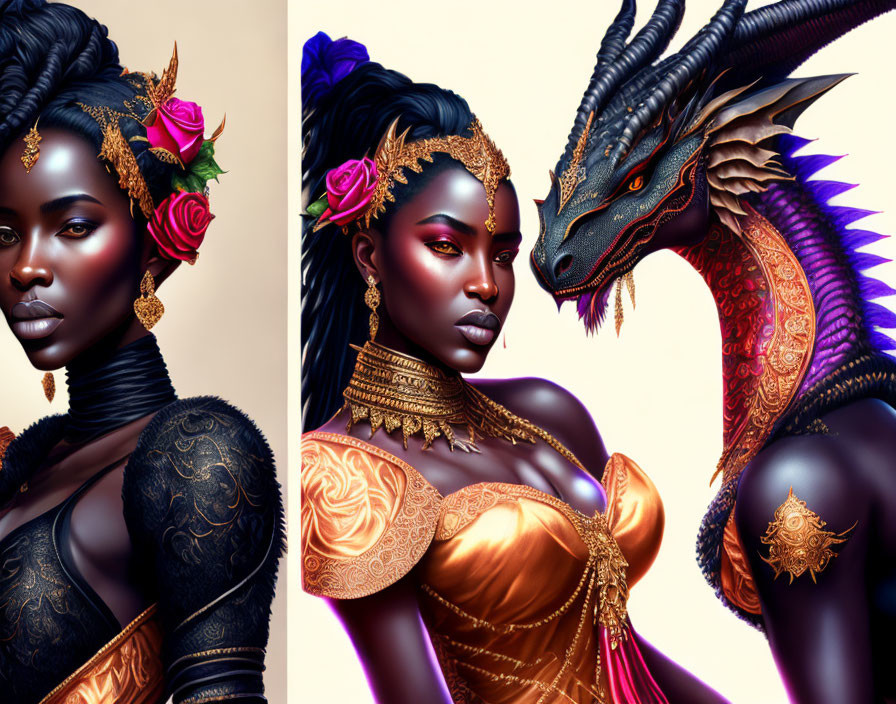 Digital Artwork: Woman with Gold Tattoos & Dragon