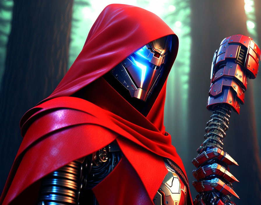 Futuristic knight with red cape and glowing blue visor in forest with robotic arm