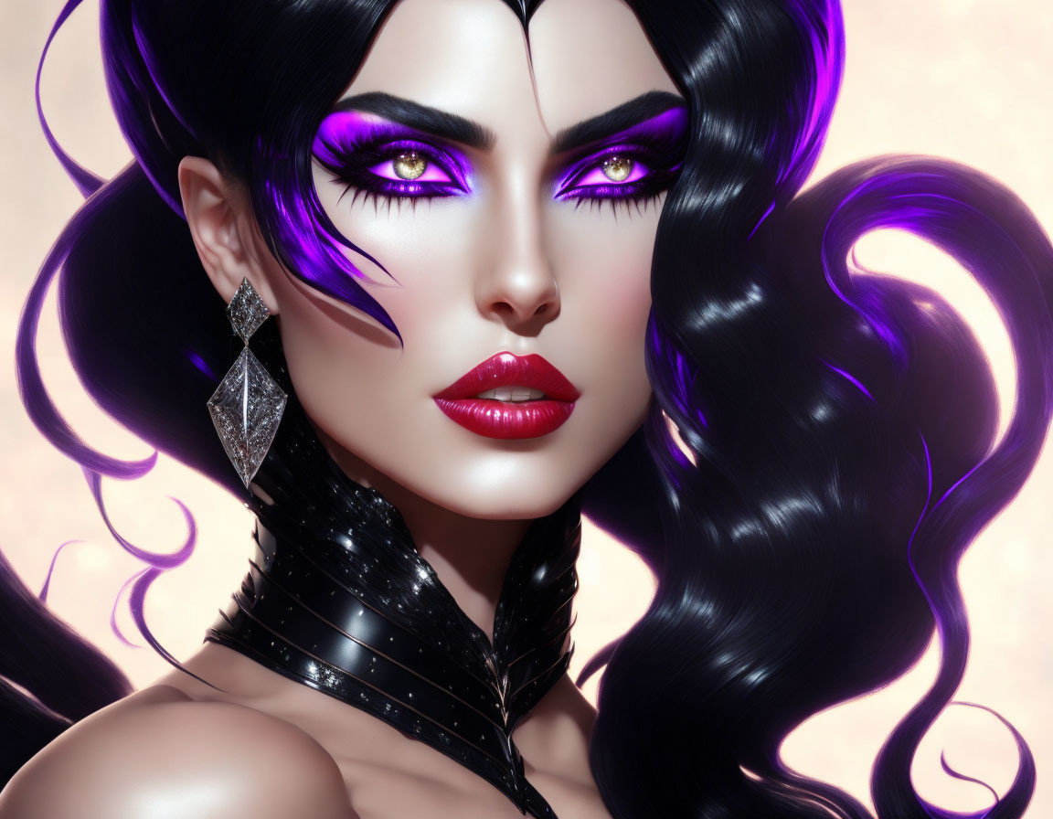 Vibrant purple eye makeup and glossy red lips on stylized portrait of woman