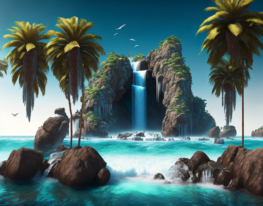 Tropical waterfall cascading into blue ocean with palm trees
