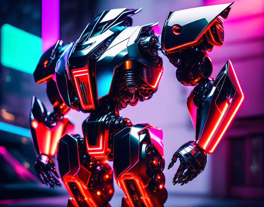 Futuristic neon-lit robot against vibrant pink and purple background