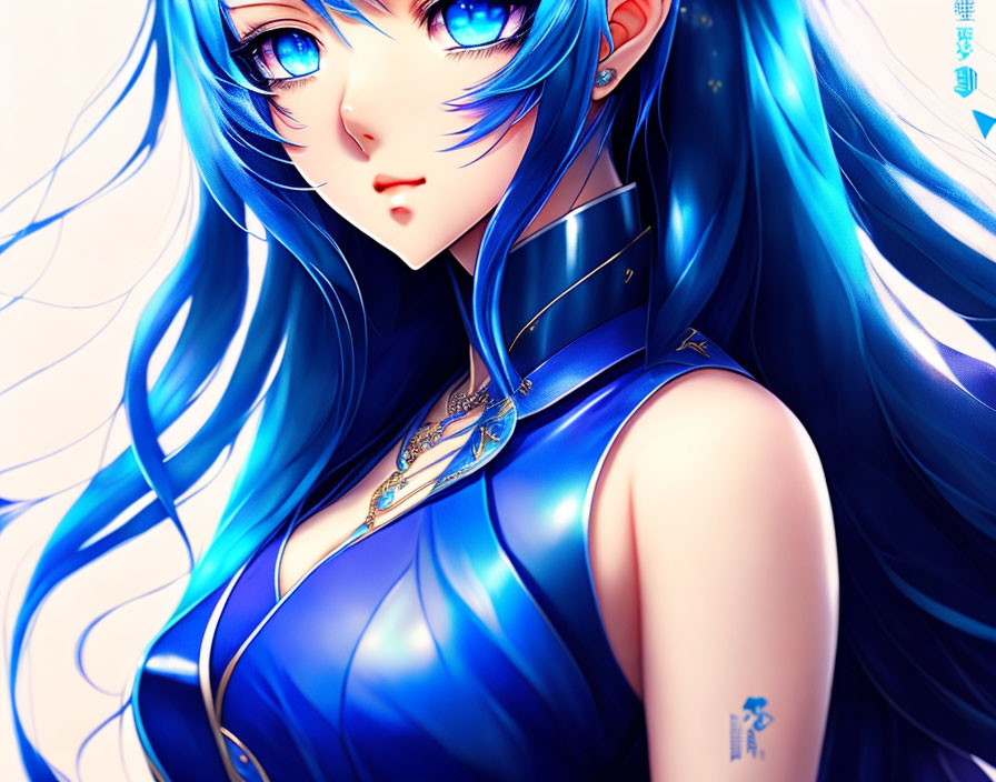Character with Blue Hair and Eyes in Stylish Blue Outfit with Gold Accents
