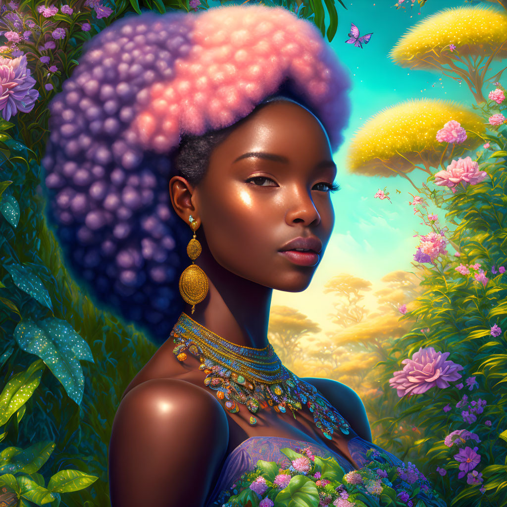 Colorful digital artwork featuring a woman with a pink and blue afro surrounded by vibrant flowers and adorned
