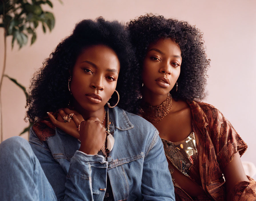 Two women with curly hair in denim and patterned tops display jewelry on pink background.