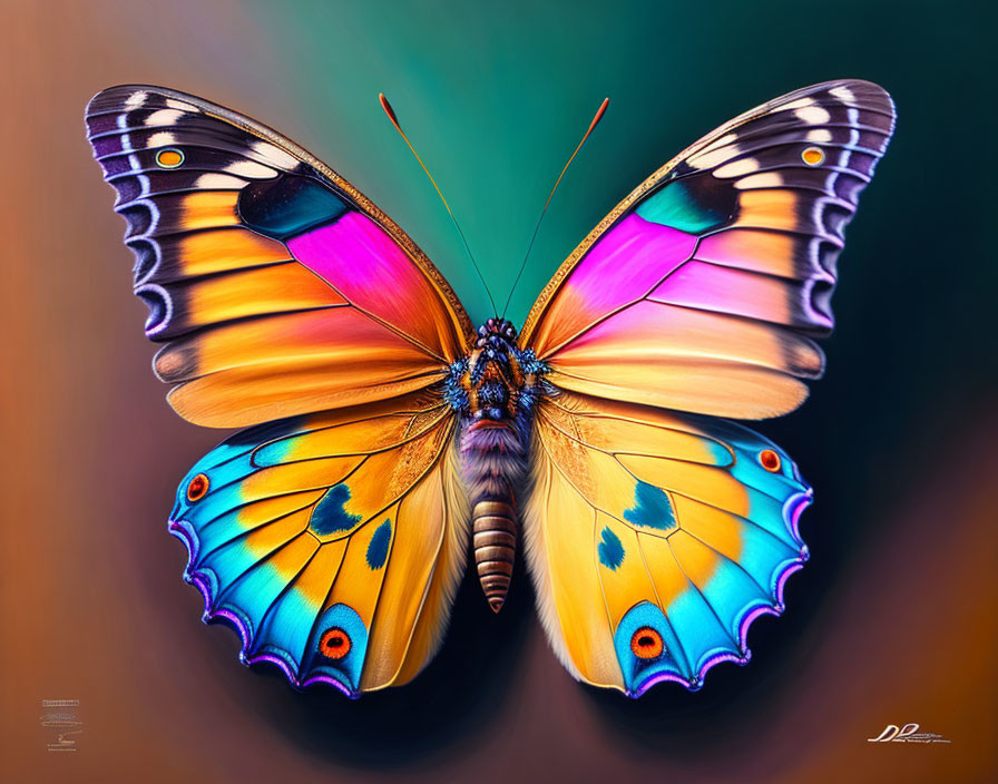 Colorful Butterfly with Outstretched Orange, Blue, and Black Wings on Gradient Background