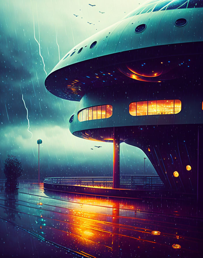 Futuristic UFO-shaped building under stormy sky with glowing windows