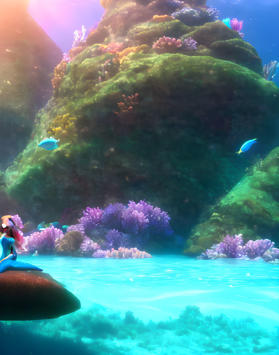 Colorful Coral Reef with Pink-Haired Figure in Mystical Underwater Setting