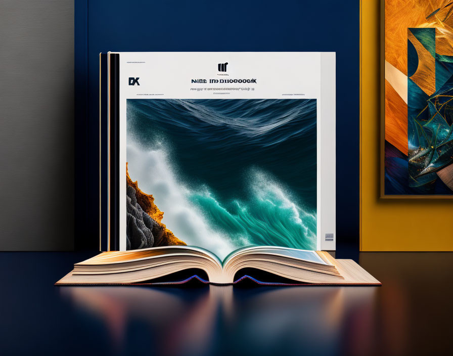 Open book blending with photograph of tumultuous sea in realistic landscape on blue and yellow backdrop