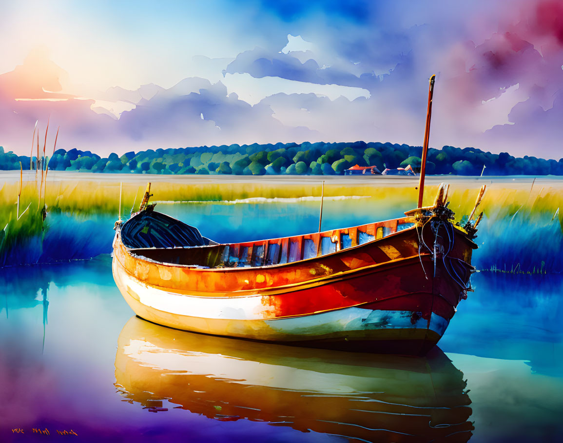 Colorful Watercolor Painting of Old Boat in Calm Waters