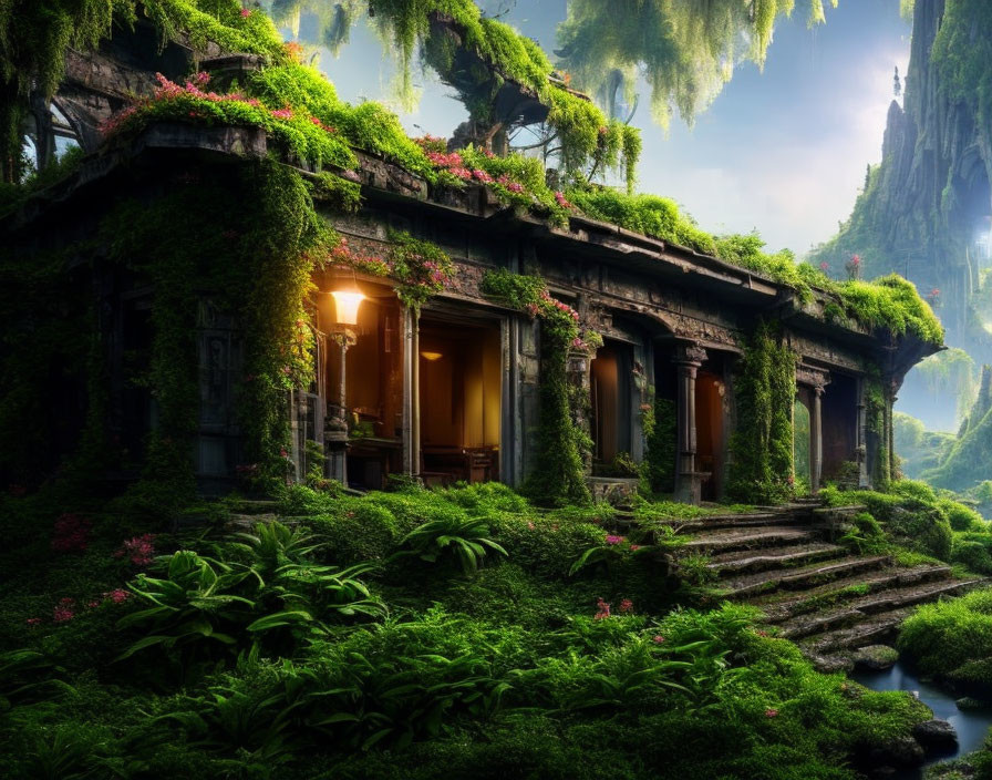 Ancient temple surrounded by lush greenery and mystical forest backdrop