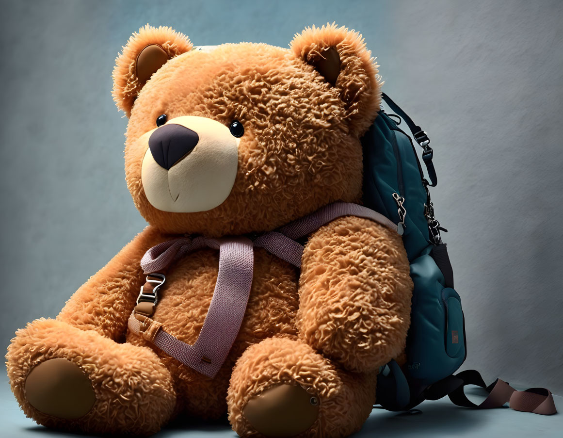 Plush Teddy Bear with Backpack on Blue Background