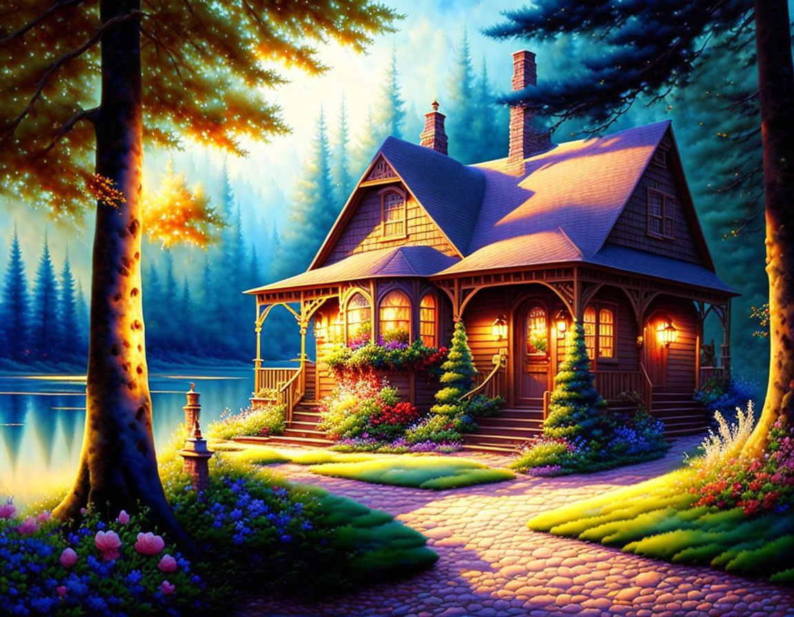 Glowing windows cottage by tranquil lake at twilight