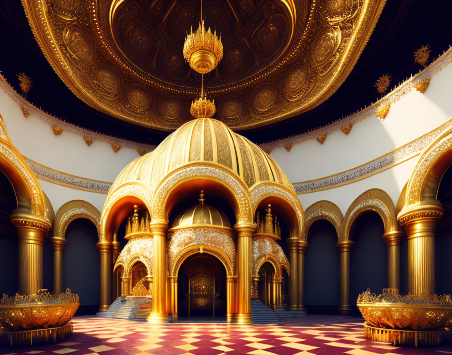 Luxurious Palace Interior with Golden Domes and Chandeliers