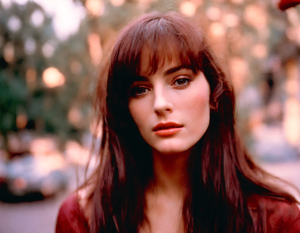 Portrait of woman with dark hair, bangs, large eyes, red top, against blurred outdoor background