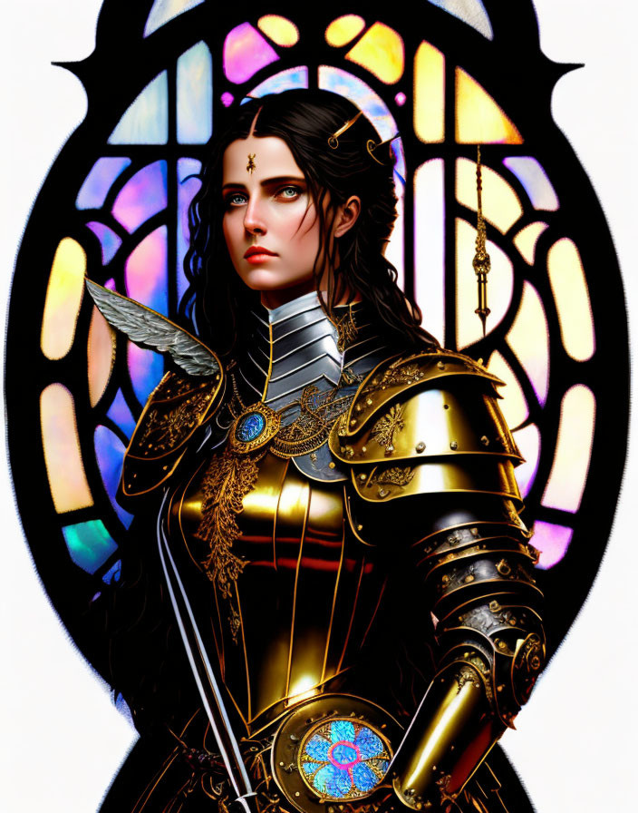 Illustrated female warrior in golden armor by stained glass window
