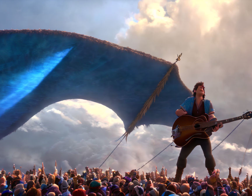 Animated character with guitar on stage under giant wing at concert.