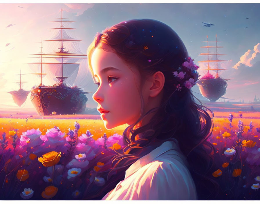 Young girl in flower field at sunset with ships in sky - fantasy scene