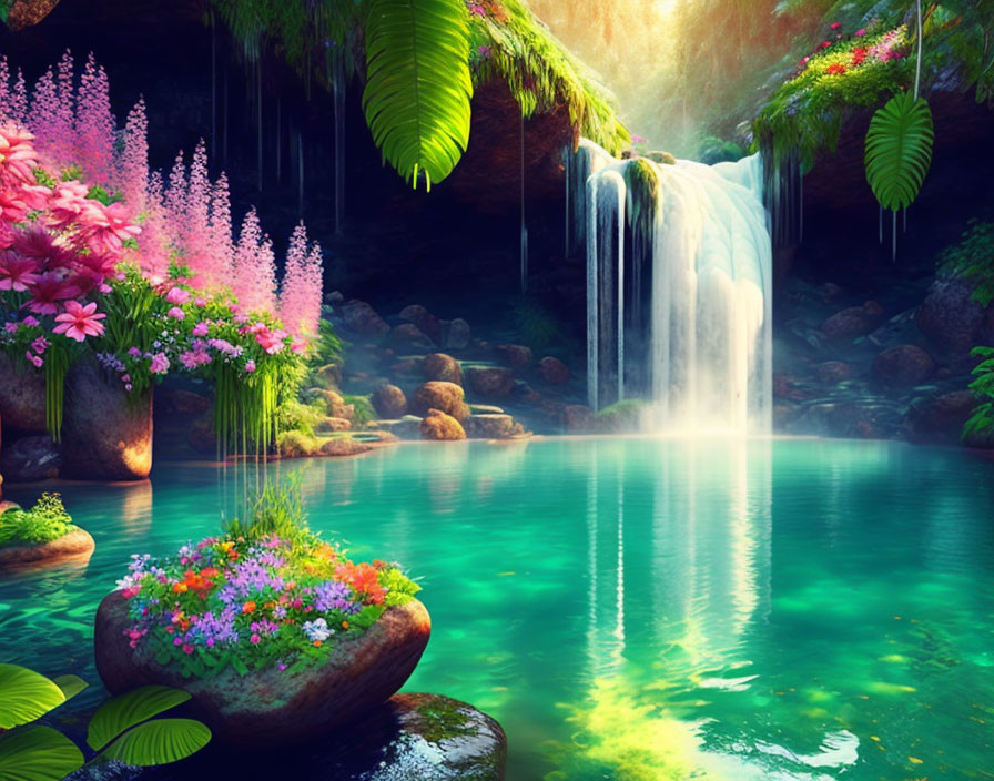 Waterfalls and hot springs surrounded by flowers. 