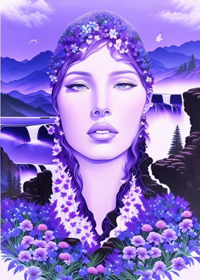 Stylized illustration of woman with floral hair adornments in fantasy purple landscape