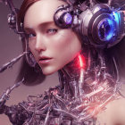 Futuristic female cyborg with mechanical neck detail and cosmic-themed goggles on pink background