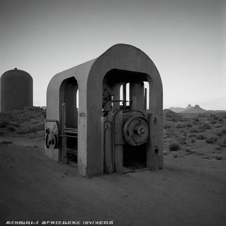 Vintage pump house with arches in desert landscape.