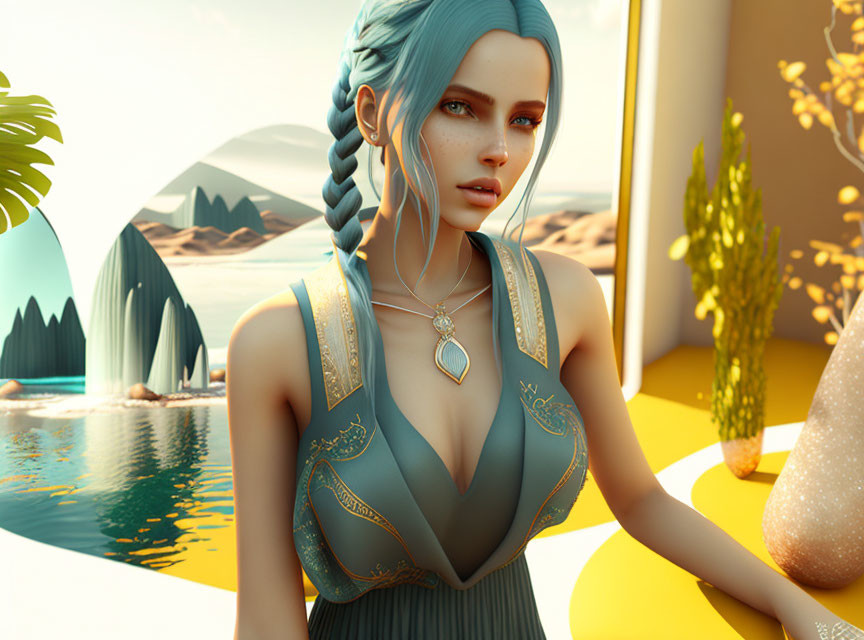 Digital Art: Woman with Blue Braided Hair in Teal Dress in Surreal Landscape