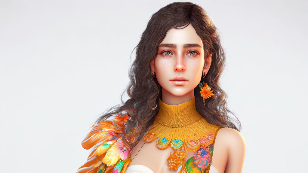 Digital artwork features young woman with dark wavy hair, teary eyes, yellow top, orange flower