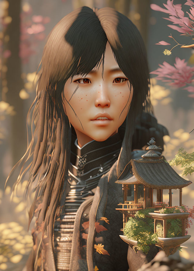 Digital portrait of woman with long braided hair and freckles in traditional East Asian attire, surrounded