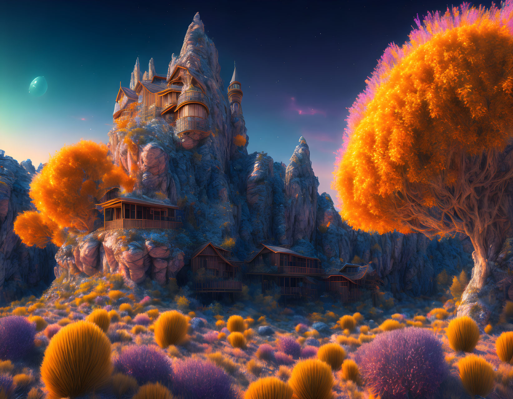 Fantastical landscape with orange foliage, rock formations, embedded structures, moon, twilight sky