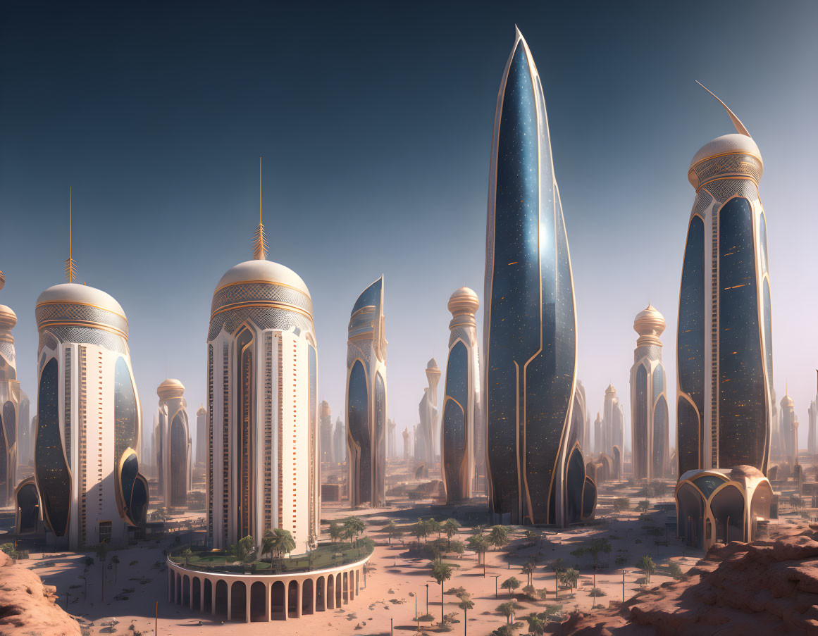 Futuristic cityscape with towering buildings in desert setting
