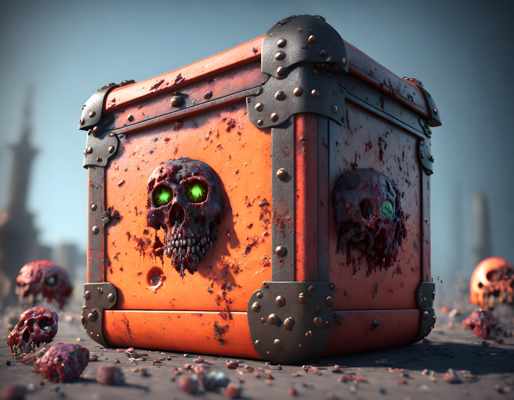 Rusty orange chest with skull motifs and green eyes on foggy background