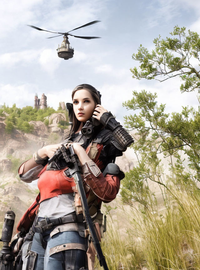 Female video game character with radio and rifle in rugged landscape with helicopter