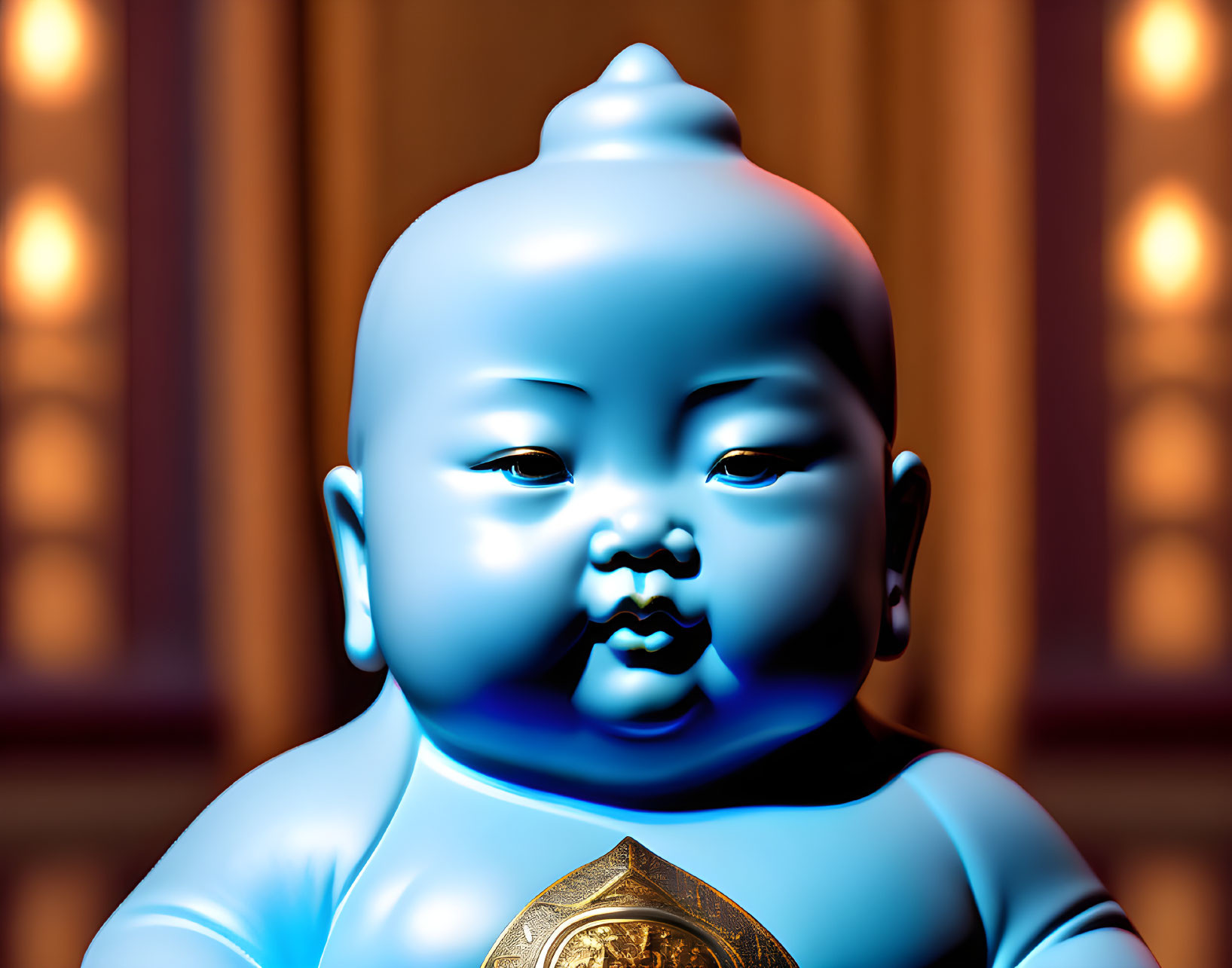 Cerulean Blue Baby Figurine with Asian Features and Golden Emblem