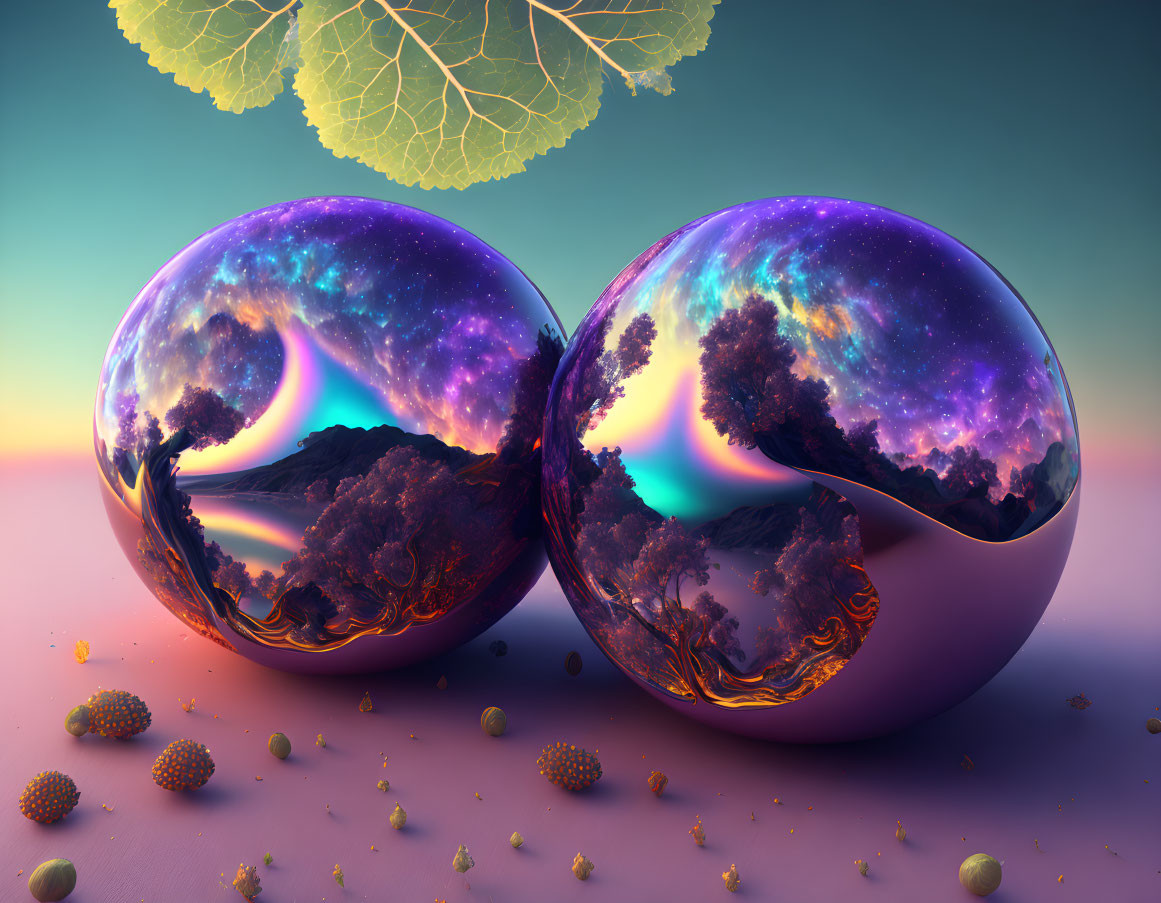 Glossy spheres reflecting vibrant cosmic landscape with trees and mountains