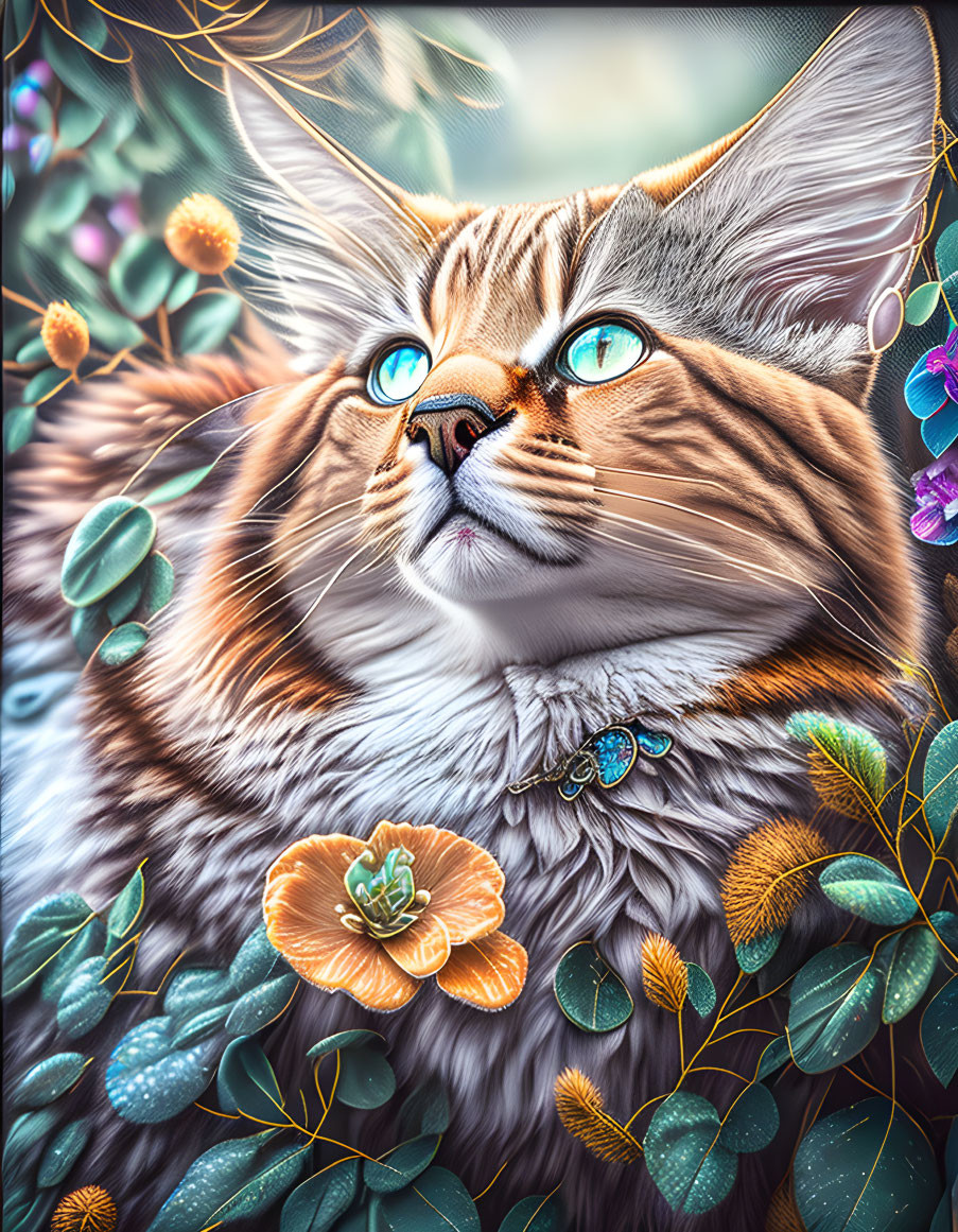 Digital art: Orange tabby cat with blue eyes in lush floral setting
