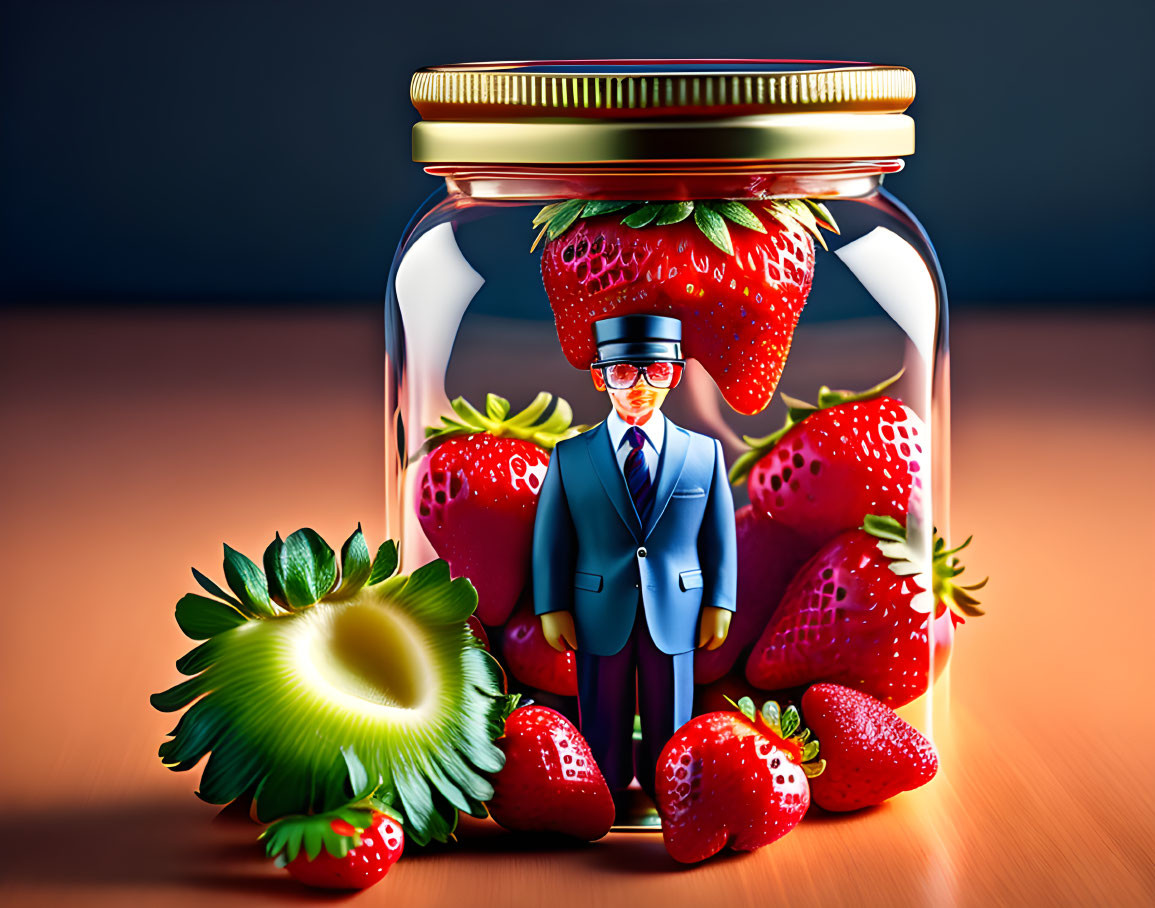 Miniature man in suit with strawberries in glass jar illustration