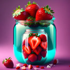 Colorful Glass Jar with Strawberries, Candies, and Red Flowers on Purple Background