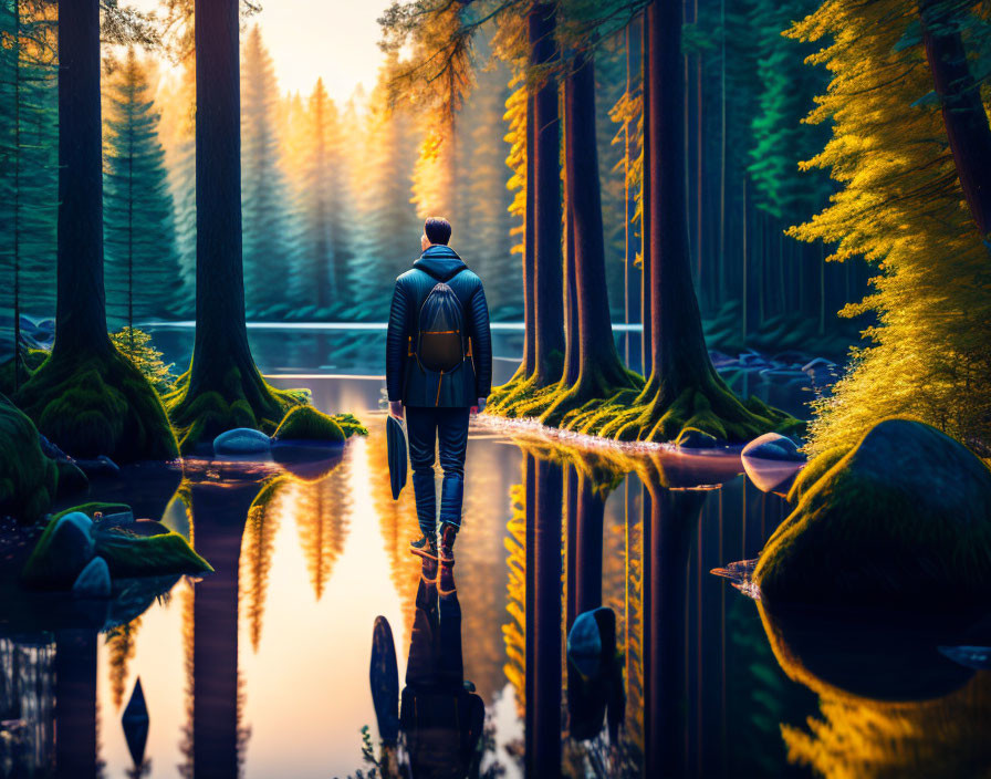 man walking on water in the forest, beautiful scen