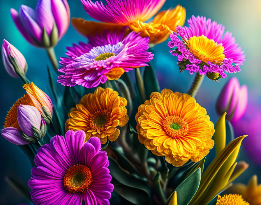 Assorted vibrant flowers in purple, pink, and orange hues with yellow centers on a soft bokeh