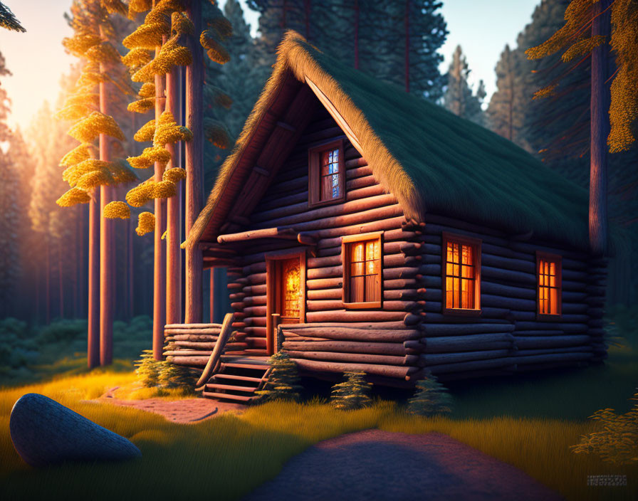 Tranquil forest sunset scene with cozy log cabin