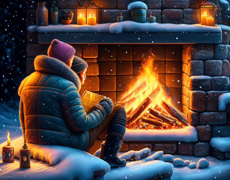 Person in winter attire by outdoor fireplace in snowy night with lanterns, reading book