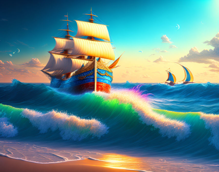 Colorful Seascape: Large Sailing Ship on Wave-Tossed Sea