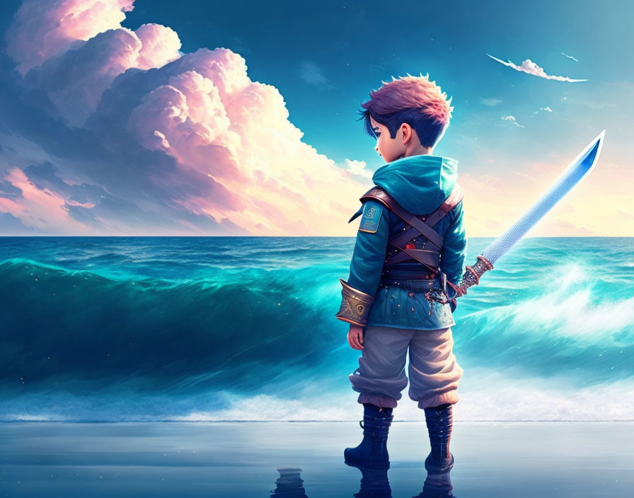 Young boy with sword by tumultuous sea under dramatic sky