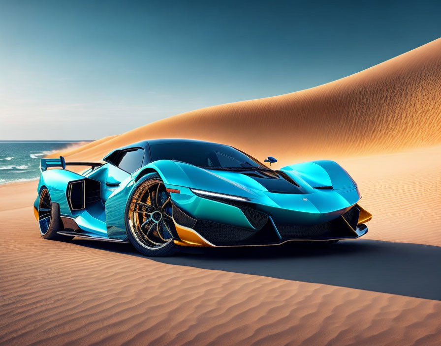 Blue Sports Car with Aerodynamic Design on Desert Dune
